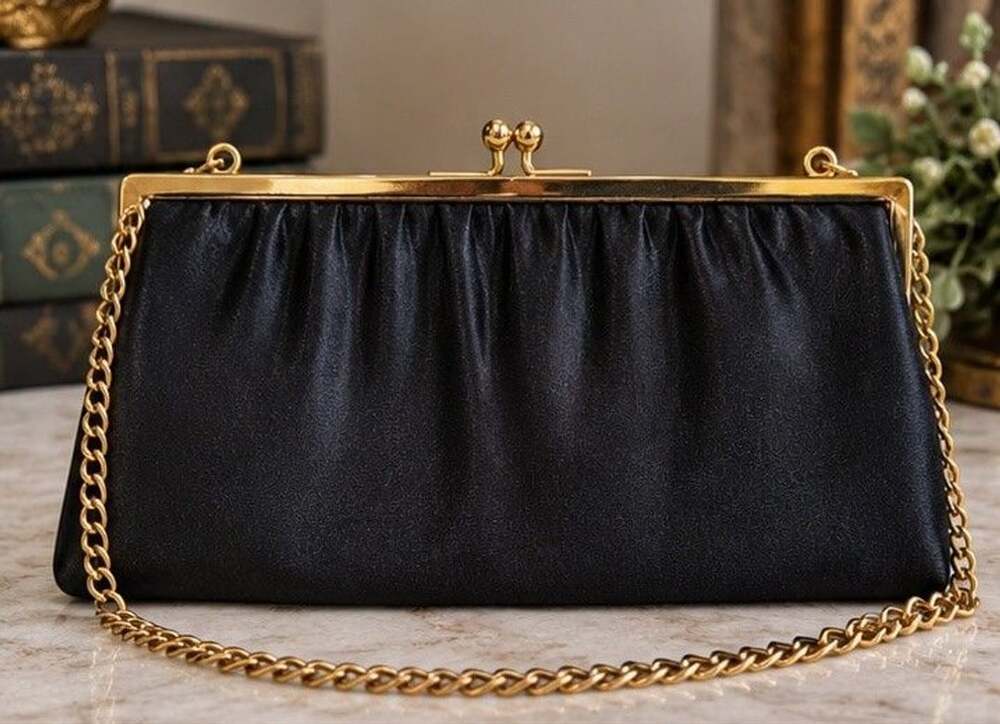 Ande' Vintage Black Satin Clutch Purse Evening Handbag